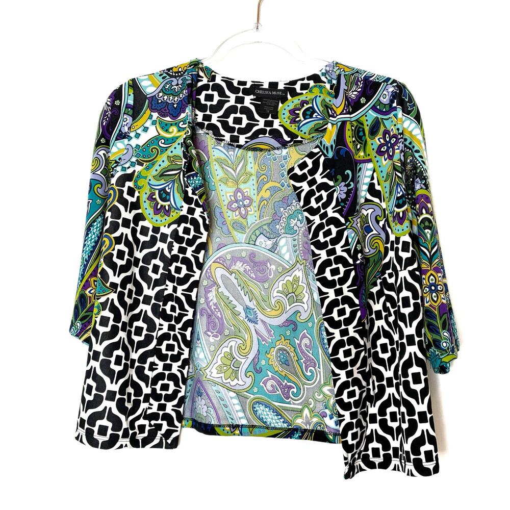 Chelsea Muse Geometric Paisley Short Sleeve Cardigan Shrug Open Front Womens 10